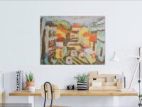 Journey To Town, abstract original oil painting art of Singapore town street landscape with peranakan shophouses in colorful abstract shapes