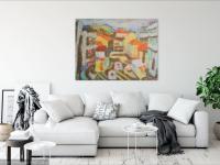 Journey To Town, abstract original oil painting art of Singapore town street landscape with peranakan shophouses in colorful abstract shapes