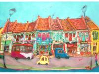 Singapore Art Poster of Katong Shophouses Street Painting with Traditional Peranakan Rumah Bebe Shop, a Vibrant Asia Travel Souvenir Print