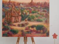 Kingdom of Temples - Myanmar Old Bagan impressionist landscape painting, original artwork of orange sunset temples and stupas in the ancient city