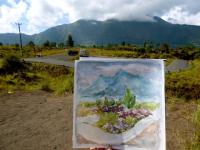 Indonesia Bali mountain lake batur landscape, impressionist original watercolour art, plein air artwork