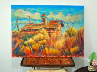 Little House On The Prairie - Impressionist, El Camino Painting, Original Landscape, Oil Painting, Whimsical Clouds, Chimney, Orange, Bright