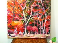 Magic Fall - whimsical autumn forest trees impressionist painting of Japan Kyoto Nakasendo Way nature hike landscape scenery at night