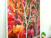 Magic Fall - whimsical autumn forest trees impressionist painting of Japan Kyoto Nakasendo Way nature hike landscape scenery at night