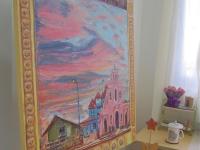 Singapore Impressionist Oil Painting Art, Queen of Peace Catholic Church, Pink Clouds, Pastel Landscape, Asian Art, Peranakan Tile, Window