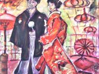 Japanese Wedding Couple - Portrait Painting, Kimono Bride, Traditional Gown, Red Phoenix, Lanterns, Umbrellas, Whimsical, Original Fine Art