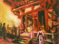 Kyoto Dream - Red Painting, Impressionist, Japanese Temple, Architectural Art, Oil Painting, Woman, Pink Kimono, Surreal Art, Mood Landscape