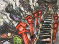 The Path - Japanese Shrine Painting, Impressionist, Red Lamppost, Temple, Stairs, Grey, Winter, Whimsical Landscape, Monastic, Original Art