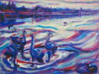 Swan Lake-Iceland Winter Landscape Oil Painting, Van Gogh style in whites, blue, purple, red hues, abstract scenery art