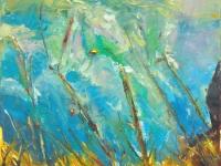 Unbending - Impressionist Abstract Oil Painting of Icelandic autumn nature scenery, original impasto fine art with water and clouds in wind