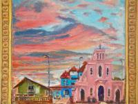 Singapore Impressionist Oil Painting Art, Queen of Peace Catholic Church, Pink Clouds, Pastel Landscape, Asian Art, Peranakan Tile, Window