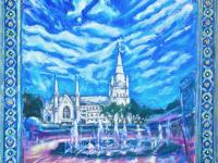 Singapore Impressionist Oil Painting Art, St Andrew's Cathedral church with water fountain, white clouds, blue sky and peranakan tile window