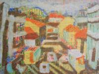 Journey To Town, abstract original oil painting art of Singapore town street landscape with peranakan shophouses in colorful abstract shapes