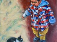 Boy & Cat - Whimsical Impressionist Child Figurative Painting,  original oil artwork of innocence and curiosity by Singapore artist