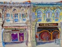 6 - Bluish pink impasto chinese shophouse oil painting at Singapore city heritage street of peranakan architecture in impressionist colors -SH6
