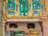 3 - Yellow green impasto chinese shophouse oil painting at Singapore city heritage street of peranakan architecture in impressionist colors -SH3