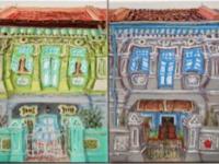 5 - Gray chinese peranakan shophouse oil painting at Singapore city most colorful picturesque street of colonial houses in vibrant pastels -PH5