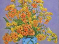 Impressionist Kalanchoe Blooms Oil Painting: Yellow Flowers in Blue Pot
