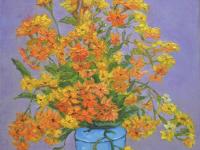 Yellow flowers in blue pot original oil painting, bright orange blooms impressionist still life art in impasto van gogh style vibrant colors