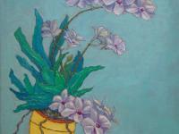 Orchid Flowers in Yellow Pot Original Oil Painting - Beautiful Floral Artwork in Soft Purple Hues - Contemporary Impressionist Style