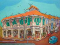 Singapore Shophouses Oil Painting by Local Artist: Blair Road Heritage Street Art of Charming Cafe Corner
