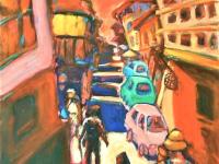 Solitaire -Red Spanish Town El Camino Original Canvas Painting Art in vibrant colorful van gogh style of hikers at whimsical moonlight town