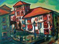 Windows of the Heart - Spain Camino de Santiago red houses oil painting, Spanish architecture expressionist art in Chagall whimsical style