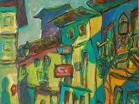 Bluesy -Camino de Santiago Oil Painting of Spanish Shophouses, original impressionist spain art in yellow surreal whimsical expressionism