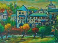 Sanctuary -Original Impressionist Green Camino de Santiago Landscape Oil Painting of spanish monastery building in whimsical chagall style