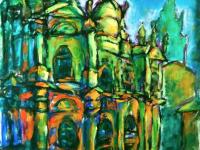 Destined -Spain Camino Oil Painting of Santiago de Compostela Cathedral, Way of St James original church art in Cezanne impressionist style