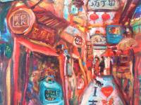 Tian Zi Fang -Whimsical Chinese Street Oil Painting Painting Art w festive Shanghai shophouses landscape, red lanterns, colorful signs & cat