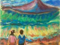 Wave Watch- Whimsical Painting, Seascape, Beach, Waves, Mountain, Surreal Landscape, Impressionist, Korea, Couple, Colorful Art, Jeju Island