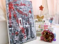 Ode - abstract art painting in black white building blocks with red windmill marks, original modern artwork, acrylic on canvas