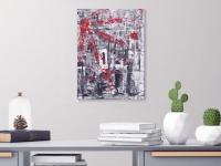 Ode - abstract art painting in black white building blocks with red windmill marks, original modern artwork, acrylic on canvas