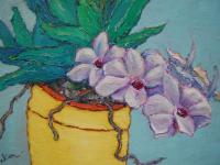 Orchid Flowers in Yellow Pot Original Oil Painting - Beautiful Floral Artwork in Soft Purple Hues - Contemporary Impressionist Style