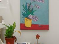 Orchid flowers in yellow pot original oil painting, beautiful purple blooms in impressionist still life art in expressive van gogh style