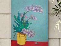 Orchid Flowers in Yellow Pot Original Oil Painting - Beautiful Floral Artwork in Soft Purple Hues - Contemporary Impressionist Style