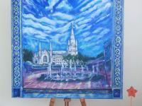 Singapore Impressionist Oil Painting Art, St Andrew's Cathedral church with water fountain, white clouds, blue sky and peranakan tile window