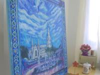 Singapore Impressionist Oil Painting Art, St Andrew's Cathedral church with water fountain, white clouds, blue sky and peranakan tile window