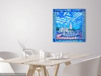 Singapore Impressionist Oil Painting Art, St Andrew's Cathedral church with water fountain, white clouds, blue sky and peranakan tile window