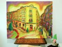 Rhapsody - Original Spanish Oil Painting Art of Burgos, a Camino de Santiago surreal spain landscape in yellow whimsical edvard munch style