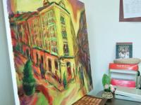 Rhapsody - Original Spanish Oil Painting Art of Burgos, a Camino de Santiago surreal spain landscape in yellow whimsical edvard munch style