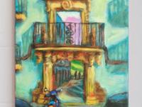 Rhonda Afternoon - Spain balcony painting in impressionist blue cyan hues, original spanish architecture fine art