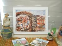 Spain Ronda landscape original watercolor painting art of Spanish city white houses with architectural brick arch in impressionist orange blue hues