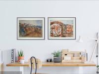 Spain Ronda landscape original watercolor painting art of the Spanish city cliff houses, dramatic scenery in impressionist warm orange hues