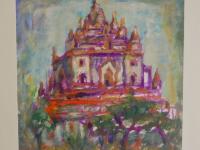 Myanmar Old Bagan majestic temple ruins, original expressionist acrylic painting in bold fauvist colors, plein air artwork