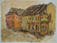 Chinese Shophouses impressionist landscape painting, malaysia kluang town architecture plein air original acrylic artwork in bright yellow