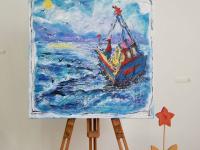 Sail to the Moon -Abstract Art, Sea Birds Boat Original Painting, Ocean Art, Blue, Seascape, Whimsical, Surreal, Bright, Night, New Zealand