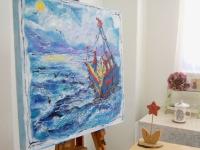 Sail to the Moon -Abstract Art, Sea Birds Boat Original Painting, Ocean Art, Blue, Seascape, Whimsical, Surreal, Bright, Night, New Zealand
