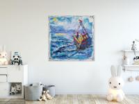 Sail to the Moon -Abstract Art, Sea Birds Boat Original Painting, Ocean Art, Blue, Seascape, Whimsical, Surreal, Bright, Night, New Zealand